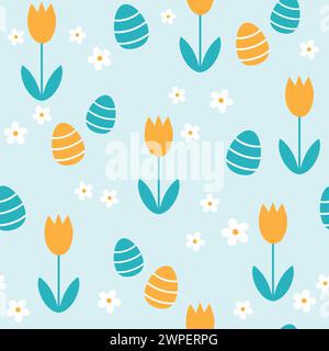 Nahtloses Ostermuster mit Eiern, Tulpen und Gänseblümchen. Vektorabbildung. Stock Vektor