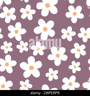 Nahtloses Blumenmuster mit Gänseblümchen. Vektorillustration auf violettem Hintergrund. Stock Vektor