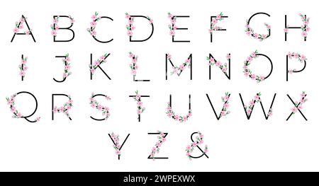 Sakura Blütenpinken kleines Blumenalphabet zum Gestalten von Karten oder Einladungen. Vektor-Illustrationen, isoliert auf weißem Hintergrund für Frühlingskirschflor Stock Vektor