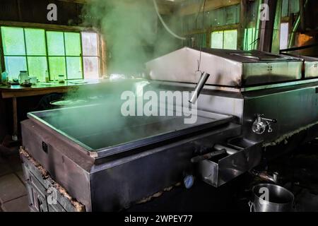 Verdampfer in sugarhouse, der ahornsaft zu Sirup auf einer Amischen Farm in Michigan, USA verarbeitet [keine Freigabe der Immobilie; nur redaktionelle Lizenzierung] Stockfoto