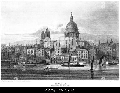 Ein Stich mit dem Titel St. Pauls. The View from Bank Side, London UK, scannt mit hoher Auflösung aus einem Buch, das um 1815 veröffentlicht wurde. Stockfoto