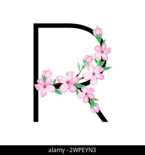 Sakura Blütenpinken kleines Blumenalphabet zum Gestalten von Karten oder Einladungen. Vektor-Illustrationen, isoliert auf weißem Hintergrund für Frühlingskirschflor Stock Vektor