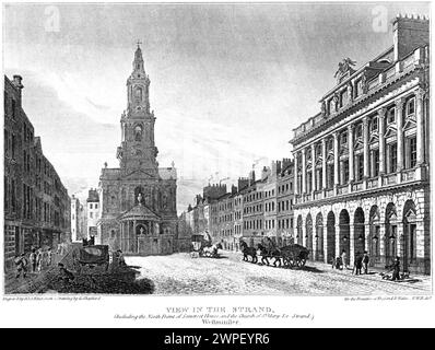 Gravur mit dem Titel View in the Strand (inkl. North Front of Somerset House & Church of St Mary le Strand) Westminster, London, Großbritannien aus einem Buch von 1815. Stockfoto