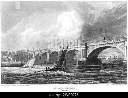 Eine Gravur mit dem Titel Strand Bridge (Waterloo Bridge), London UK, gescannt mit hoher Auflösung aus einem Buch, das um 1815 veröffentlicht wurde. Stockfoto