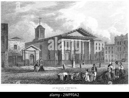 Ein Kupferstich mit dem Titel St Pauls Church, Covent Garden, London UK, gescannt mit hoher Auflösung aus einem Buch, das um 1815 veröffentlicht wurde. Stockfoto