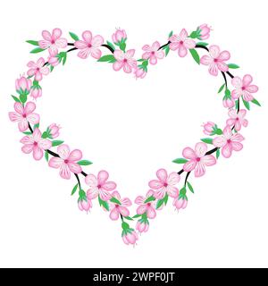 Sakura rosa Kirschblüte Blume Zweig Herzkranz, isolieren auf weißem Hintergrund für Hochzeitskarte, Einladung, Stoffdesign, Scrapbook, Origami. Vektor Stock Vektor