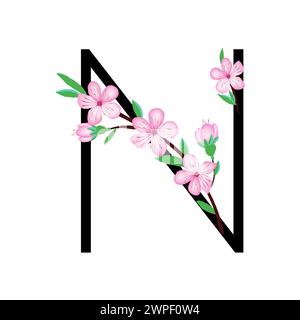 Sakura Blütenpinken kleines Blumenalphabet zum Gestalten von Karten oder Einladungen. Vektor-Illustrationen, isoliert auf weißem Hintergrund für Frühlingskirschflor Stock Vektor