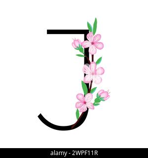 Sakura Blütenpinken kleines Blumenalphabet zum Gestalten von Karten oder Einladungen. Vektor-Illustrationen, isoliert auf weißem Hintergrund für Frühlingskirschflor Stock Vektor