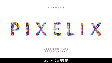 Farbenfrohes quadratisches Pixel-Alphabet, verspielte Pixel-Mosaik-Buchstaben und -Zahlen, lebendige Spielschriftart für lebendige Logos, eingängige Schlagzeilen, zeitgemäß Stock Vektor