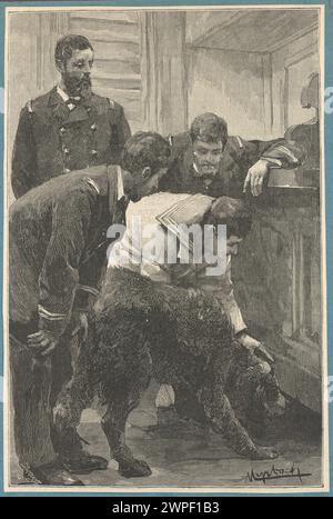 Illustration aus dem Jahr 1888 von Charles Barbant und Felician von Myrbach-Rheinfeld, die Seeleute zeigen, wie sie mit einem Hund interagieren, der an Deck schnüffelt und das maritime Leben und die täglichen Aktivitäten einfängt. Stockfoto