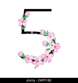 Sakura Blütenpinken kleines Blumenalphabet zum Gestalten von Karten oder Einladungen. Vektor-Illustrationen, isoliert auf weißem Hintergrund für Frühlingskirschflor Stock Vektor