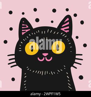 Handgezeichnete schwarze Katze mit gelben Augen auf rosa Hintergrund. Darstellung des minimalen primitiven Vektors. Zeitgenössische einheimische Kunst. Stock Vektor
