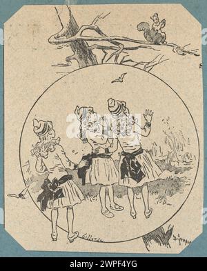 Vignette Illustration zeigt Mädchen, die mit einem Eichhörnchen interagieren, wobei naturalistische Darstellung, spielerisches Verhalten und europäischer Illustrationsstil des 19. Jahrhunderts von 1880 bis 1900 hervorgehoben werden. Stockfoto