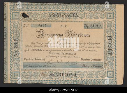 Finanzverwaltung, die 1831 von der polnischen Druckerei ausgestellt wurde, ein staatliches Dokument, das für Finanztransaktionen verwendet wird. Stockfoto