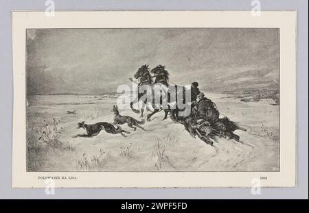 Diese Reproduktion zeigt Juliusz Kossaks Jagd auf einen Fuchs, erstellt 1900–1921, veröffentlicht von Lőwy und Anczyc, wobei polnische Jagdillustration und Grafik hervorgehoben werden. Stockfoto