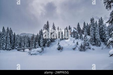 Dieses Winterschneebild der Maria am See Kirche, besser bekannt als Kapelle im Wald, liegt am Obernberger See im österreichischen Tirol Stockfoto