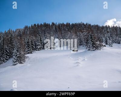 Dieses Winterbild im Obernbergtal der Heuscheune liegt unweit der Stadt Steinach am Brenner an der alten Brennerpassstraße Stockfoto