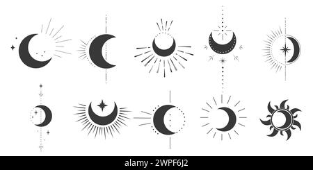 Setzen Sie das magische Element der mystischen Mond-himmlischen Astrologie mit Strahlen, Sternen, geplatzten minimalen Linien-Tattoo, Rand oder Dekoration isolierte Weltraumsymbole, Emblem. Vektorabbildung Stock Vektor