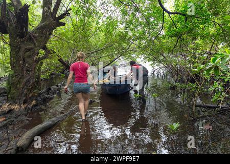 Einheimischer Mann, Reiseleiter, auf einer Tour mit Touristen, die Boot im Regenwald der Insel Cristobal in Bocas del Toro, Panama vorbereiten Stockfoto