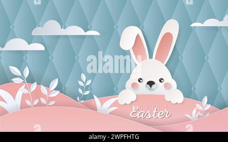 Happy Easter Day Tapete oder Banner mit Papercut Hase. Schönes Papier geschnitten östliche Elemente. Vektor-Illustration zum Verkauf, Produktanzeige, ostern Stock Vektor