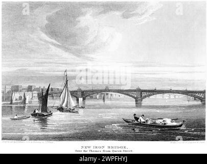 Eine Gravur mit dem Titel New Iron Bridge over the Thames von Queen Street, London (Southwark Bridge) UK, die in hoher Auflösung aus einem Buch von 1815 gescannt wurde. Stockfoto