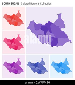 Kartensammlung Südsudan. Länderform mit farbigen Regionen. Dunkelviolett, Rot, Rosa, Lila, Indigo, blaue Farbpaletten. Stock Vektor