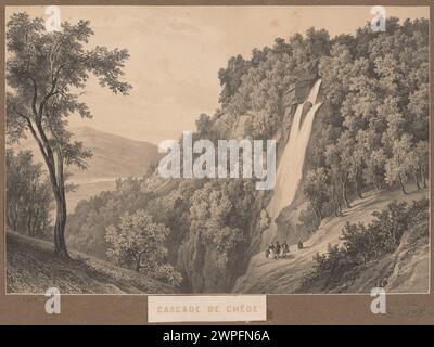 Blick auf den Chede-Wasserfall in der Nähe von Chamonix; Deroy, Isidore Laurent (1797-1886), Lemercier, Benard et Cie (Paris; Litographisches Werk; FL. 1837-Ca 1880), Jeannin, Henri Jules (Fl. Ca 1829-1854), Gambart, Ernest (1819-1902); 1845 (1845-00-00-1845-00); Stockfoto