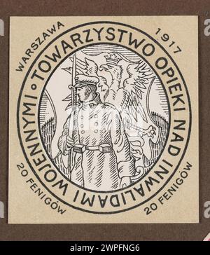 Falldruck aus dem Jahr 1917, der einen Soldaten vor dem polnischen Emblem mit Text über die Gesellschaft für Kriegsinvaliden in Warschau zeigt, Wert 20 Fenigs. Stockfoto