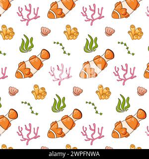 Nahtloses Clownfischmuster im Cartoon-Stil. Unterwasserwelt Hintergrund mit Korallen, Fischen, Muscheln und Algen. Vektorabbildung auf weiß Stock Vektor