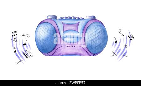 Kassetten-Boombox-Player. Retro-Medienausrüstung. Blaues violettes Gerät, Geräusche von Musik und Noten. Kassettenrekorder zum Musikhören. Stil der 90er, 2000er Jahre. Stockfoto