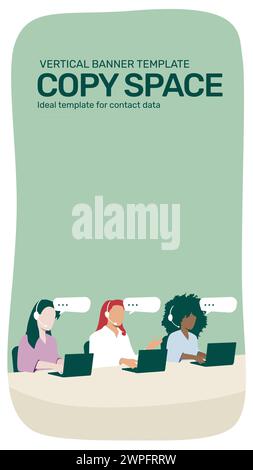 Vertikale Banner-Vorlage mit Kopierraum. Kundendienst, Call Center 24/7 mit drei Hotline-Betreibern berät Kunden mit Headsets auf einem Laptop. Stock Vektor