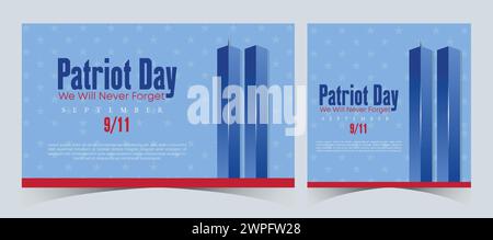 Set of Remember 9 11. September. Patriot Day 11. September: Vergessen Sie nie die USA 9/11. Twin Towers Auf Amerikanischer Flagge. World Trade Center Nine-Eleven Design Stock Vektor