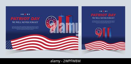 Set of Remember 9 11. September. Patriot Day 11. September: Vergessen Sie nie die USA 9/11. Twin Towers Auf Amerikanischer Flagge. World Trade Center Nine-Eleven Design Stock Vektor