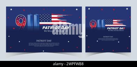 Set of Remember 9 11. September. Patriot Day 11. September: Vergessen Sie nie die USA 9/11. Twin Towers Auf Amerikanischer Flagge. World Trade Center Nine-Eleven Design Stock Vektor