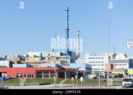 La Hague, Frankreich. März 2024. Allgemeine Ansicht bei einem Besuch von Orano la Hague, einer Wiederaufbereitungsanlage für Kernbrennstoffe, in La Hague, Nordwesten Frankreichs, am 7. März 2024. Foto: Raphael Lafargue/ABACAPRESS.COM Credit: Abaca Press/Alamy Live News Stockfoto