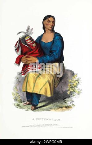 Vintage Lithografie „A Chippeway Widow“ von McKenney & Hall. Geschichte der Indianerstämme Nordamerikas. Philadelphia; Daniel Rice & James G. Clark, 1842-1842-1844. Die Aborigine hält ein gebündeltes Baby auf ihrem Schoß Stockfoto