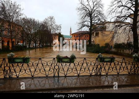 Blumentöpfe auf der FURO-Brücke und unter dem geschwollenen RETRONE-Fluss während der Überschwemmung in der Stadt Vicenza in Norditalien aufgrund des Klimawandels Stockfoto