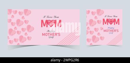 Set mit Webbannern und Postvorlagen zum Muttertag. Muttertagsgrußkarte mit 3D-Liebesballons. Happy Mom Love Sign mit Herz und Blumen Stock Vektor