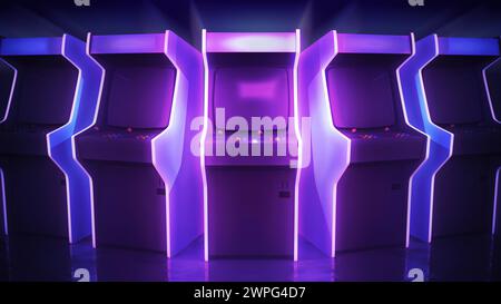Arcade-Spielautomaten in Folge. 3D-Illustrationshintergrund mit Neonlicht und Retro-Gaming-Ästhetik Stockfoto