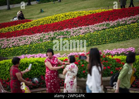 GUANGZHOU, CHINA - 22. Februar 2024: Blumen blühen das ganze Jahr über in Guangzhou, was zu seinem Spitznamen „Stadt f Stockfoto