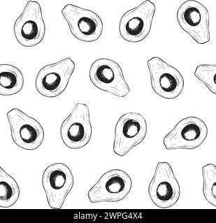 Nahtloses Avocado-Muster. Vektorhintergrund von Lebensmitteln. Handgezeichnete isolierte Illustration im Linienart-Stil. Botanische Malerei von Obst oder Gemüse. Zeichnung von Ornamenten für Stoffe und Küchentextilien. Stock Vektor