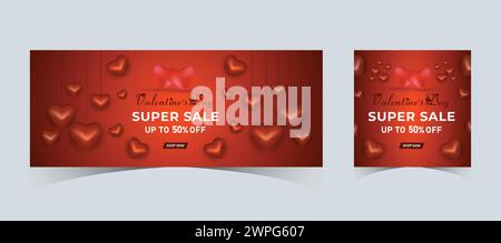 Set von Valentinstag Super Sale Web Banner Post mit Herzen Hintergrund. Happy Valentine's Day Concept Big Sale Discount Promotion Shopping Template Stock Vektor