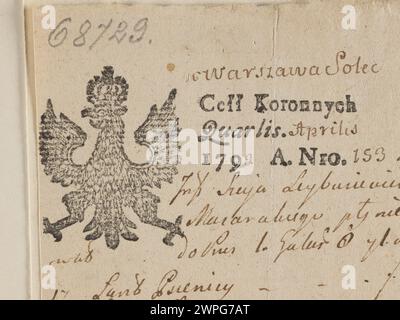 Eine Druckmarke der Warschau-Solec-Zollkammer, 1792, zur Validierung von Dokumenten, zur Genehmigung des Handels und zur Darstellung amtlicher Verwaltungsverfahren im Polen des späten 18. Jahrhunderts. Stockfoto
