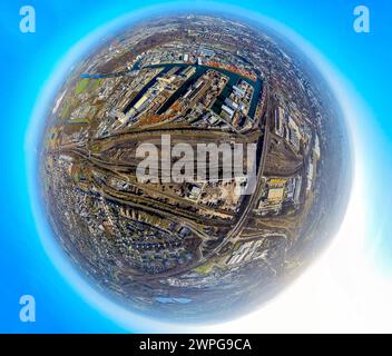 Luftbild, Hafen Dortmund Übersicht mit Dortmund-Ems-Kanal, Brachfläche Westfaliastraße, Erdkugel, Fisheye Aufnahme, Fischaugen Aufnahme, 360 Grad Aufnahme, winzige Welt, kleiner Planet, Fischaugenbild, Hafen, Dortmund, Ruhrgebiet, Nordrhein-Westfalen, Deutschland ACHTUNGxMINDESTHONORARx60xEURO *** Luftaufnahme, Hafen Dortmund Übersicht mit Dortmund Ems Kanal, Brachland Westfaliastraße, Erdkugel, Fischaugenbild, 360° Bild, winzige Welt, kleiner Planet, Fischaugenbild, Hafen, Dortmund, Ruhrgebiet, Nordrhein-Westfalen, Deutschland ACHTUNGxMINDESTHONORARx60xEURO Stockfoto