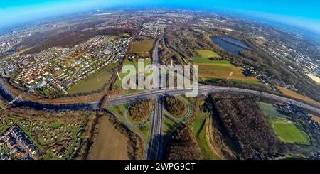 Luftbild, Autobahnkreuz Ausfahrt Dortmund-Hafen, BAB Autobahn A45 und Mallinckrodtstraße, Wohngebiet Ortsteil Rahm und Wischlingen, See und Naturschutzgebiet Hallerey, Erdkugel, Fisheye Aufnahme, Fischaugen Aufnahme, 360 Grad Aufnahme, winzige Welt, kleiner Planet, Fischaugenbild, Jungferntal, Dortmund, Ruhrgebiet, Nordrhein-Westfalen, Deutschland ACHTUNGxMINDESTHONORARx60xEURO *** Luftaufnahme, Autobahnausfahrt Dortmund Hafen, Autobahn A45 und Mallinckrodtstraße, Wohngebiet Rahm und Wischlingen, See- und Naturschutzgebiet Hallerey, Globus, Fischaugenbild, Fischaugenbild, 360 Grad ima Stockfoto