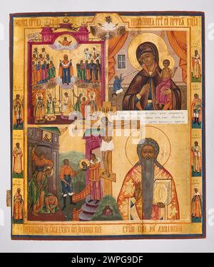 Symbol des 19. Jahrhunderts, das die Kreuzigung, das Haupt des heiligen Johannes des Täufers und Heilige wie Erzengel Michael, Grzegorz Theolog, Julianna, Antipij, Dymitr, Kiprian und Justyna, hergestellt von einer unbekannten Werkstatt von alten Mohnkörpern. Stockfoto