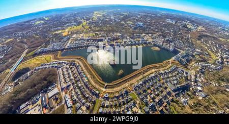 Luftbild, Phoenix-See mit Seepromenade, Geschäftshäuser und Wohngebiet mit Einfamilienhäusern, Insel im See und Naherholungsgebiet, Erdkugel, Fisheye Aufnahme, Fischaugen Aufnahme, 360 Grad Aufnahme, winzige Welt, kleiner Planet, Fischaugenbild, Hörde, Dortmund, Ruhrgebiet, Nordrhein-Westfalen, Deutschland ACHTUNGxMINDESTHONORARx60xEURO *** Luftaufnahme, Phönixsee mit Seepromenade, Gewerbebauten und Wohngebiet mit Einfamilienhäusern, Insel im See und Naherholungsgebiet, Globus, Fischaugenbild, Fischaugenbild, 360°-Bild, winzige Welt, kleiner Planet, Fischaugenbild, Hörde, D. Stockfoto