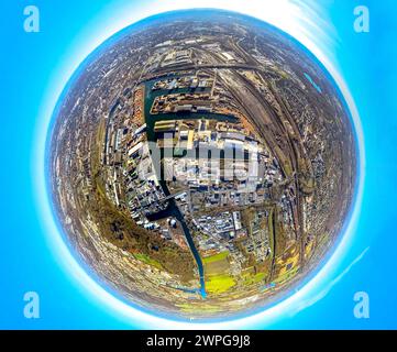 Luftbild, Hafen Dortmund Übersicht mit Dortmund-Ems-Kanal, Brachfläche Westfaliastraße, Erdkugel, Fisheye Aufnahme, Fischaugen Aufnahme, 360 Grad Aufnahme, winzige Welt, kleiner Planet, Fischaugenbild, Hafen, Dortmund, Ruhrgebiet, Nordrhein-Westfalen, Deutschland ACHTUNGxMINDESTHONORARx60xEURO *** Luftaufnahme, Hafen Dortmund Übersicht mit Dortmund Ems Kanal, Brachland Westfaliastraße, Erdkugel, Fischaugenbild, 360° Bild, winzige Welt, kleiner Planet, Fischaugenbild, Hafen, Dortmund, Ruhrgebiet, Nordrhein-Westfalen, Deutschland ACHTUNGxMINDESTHONORARx60xEURO Stockfoto