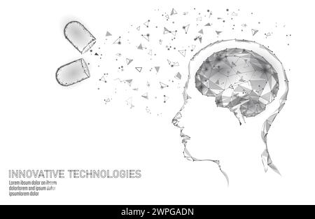 Gehirn Behandlung Low Poly 3D-Render. Droge nootropische menschliche Fähigkeit Reizmittel smart der psychischen Gesundheit. Medizin kognitive Rehabilitation in der Alzheimer Krankheit Stock Vektor