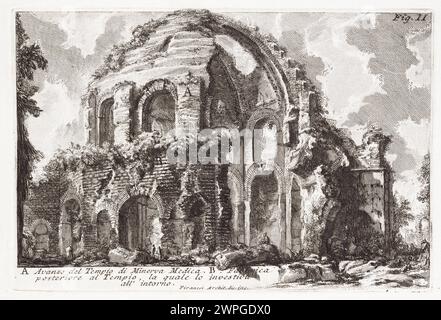 Dieses Werk von Giovanni Battista Piranesi aus dem Jahr 1756 veranschaulicht römische Antiquitäten, darunter das Kolosseum, die Trajanssäule, Neros Goldenes Haus, das Pantheon, Konstantinbogen, Triumphbögen, Tempel und städtische Ruinen. Es repräsentiert Architekturstudien aus dem 18. Jahrhundert und Sammlungen antiker römischer Architektur. Stockfoto